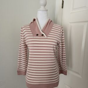Lauren Jeans Co. Hooded 3/4 Cream/Mauve Striped Gold Buttons Sz. (Med).